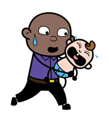 Cartoon Bald Black Man holding crying baby