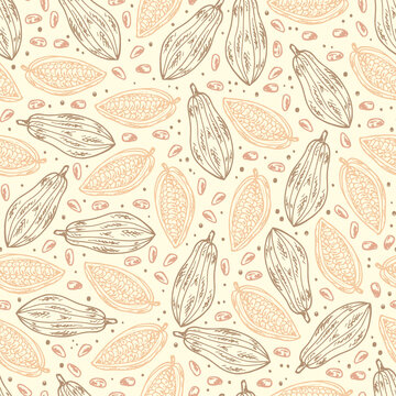 Hand drawn doodle Cocoa fruits and cocoa beans Seamless pattern