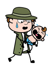 Cartoon Spy holding crying baby
