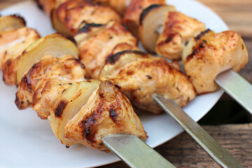 Chicken kebab on skewers. Backyard bbq summer outdoor party. Natural green blurred background. Selective focus