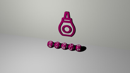 3D illustration of SYRUP graphics and text made by metallic dice letters for the related meanings of the concept and presentations. background and dessert