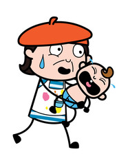 Cartoon Artist holding crying baby