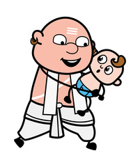 Cartoon South Indian Pandit Holding a Baby