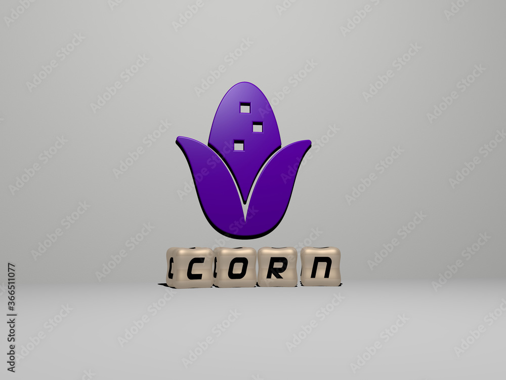 Poster 3d graphical image of corn vertically along with text built by metallic cubic letters from the top p