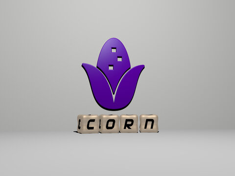 3D graphical image of CORN vertically along with text built by metallic cubic letters from the top perspective, excellent for the concept presentation and slideshows. background and agriculture