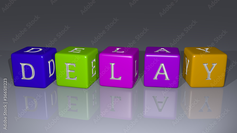 Poster delay combined by dice letters and color crossing for the related meanings of the concept. illustrat