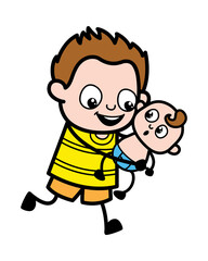 Cartoon Young Boy Holding a Baby
