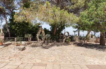 Decorative decorations are in the garden of the Deir Al-Mukhraqa Carmelite Monastery in northern Israel