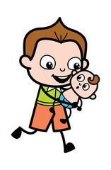 Cartoon Schoolboy Holding a Baby