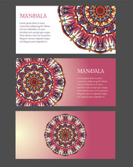 Mandala cards collection of yoga in pastel colors. Hand drawn mandala design. Vector templates for printing posters, advertising banners, yoga studio and spa.	