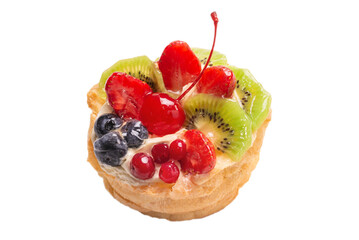 Home made cake with cream and fruits isolated.