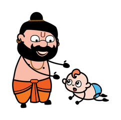 Cartoon Pandit with Crowling Baby