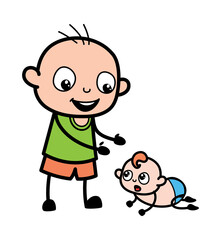 Cartoon Bald Boy with Crowling Baby