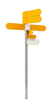 


Empty Signpost : Aluminium Pole With 6 Yellow And 1 White Arrow Pointing In Multiple Directions Isolated On White Background