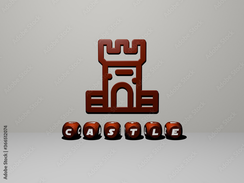 Poster 3d graphical image of castle vertically along with text built by metallic cubic letters from the top