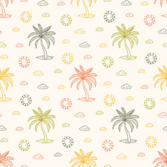 Fototapeta na wymiar Tropics. Palm trees seamless pattern. Hand Drawn doodle palm tree, cloud, sun. Vector summer vacation background. Tropical wallpaper. 