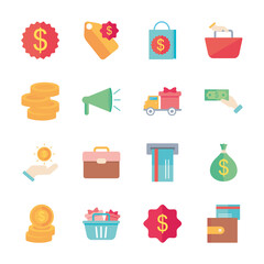 icon set of megaphone and shopping, flat style