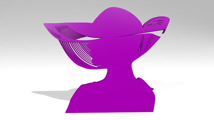CLASSY WOMAN WITH HAT from a perspective with the shadow. A thick sculpture made of metallic materials of 3D rendering. background and illustration