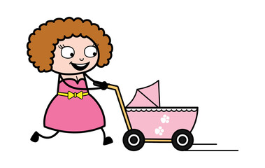 Cartoon Young Lady with Baby Cart