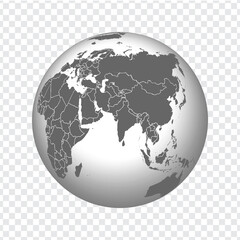Globe of Earth with borders of all countries. 3d icon Globe in gray on transparent background. High quality world map in gray.  Middle East, Central Asia, India, China. Vector illustration. EPS10. 