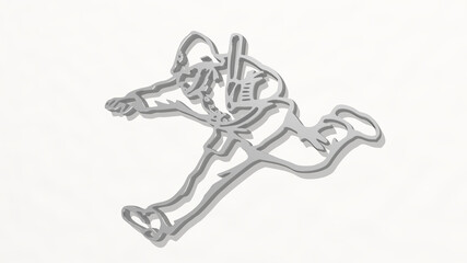 POLICE CHASING from a perspective on the wall. A thick sculpture made of metallic materials of 3D rendering. illustration and editorial