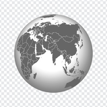 Globe of Earth with borders of all countries. 3d icon Globe in gray on transparent background. High quality world map in gray.  Middle East, Central Asia, India, China. Vector illustration. EPS10. 