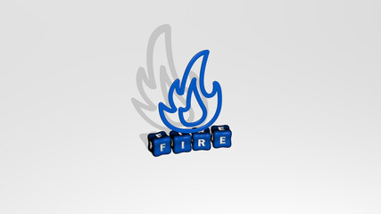 Fototapeta premium 3D representation of fire with icon on the wall and text arranged by metallic cubic letters on a mirror floor for concept meaning and slideshow presentation. illustration and background