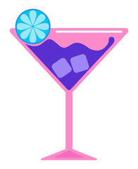 Alcoholic cocktail in a glass decorated with lime. Drink with ice cubes. Isolated on a white background. Vector illustration.