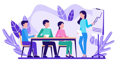 Business meeting. Teamwork. Corporate training. Flat design. Vector illustration.