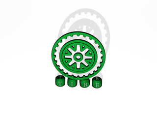 3D representation of tire with icon on the wall and text arranged by metallic cubic letters on a mirror floor for concept meaning and slideshow presentation. car and background