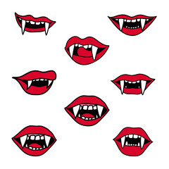 Halloween stickers, red vampire lips isolated on white background. Hand drawn Dracula teeth vector.