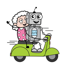 Cartoon Robot Riding Scooter with an old lady