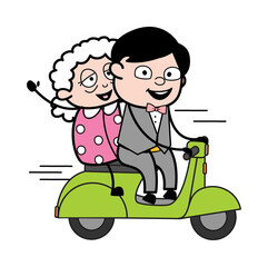 Cartoon Groom Riding Scooter with an old lady