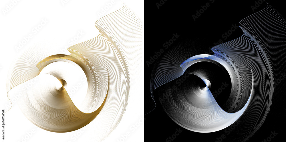 Poster a set of graphic design elements with two rotating surfaces on black and white backgrounds. 3d rende