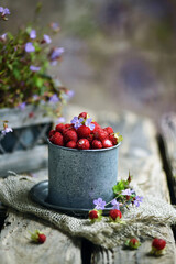 Fruit of a mock strawberry, Duchesnea indica, Strawberries in Small White Bucket Board on Light Background,