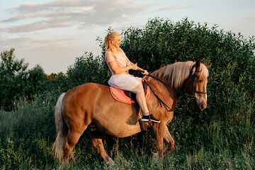 A girl rides a horse on a beautiful summer day. Long mane. In the background there is a forest. Pet...