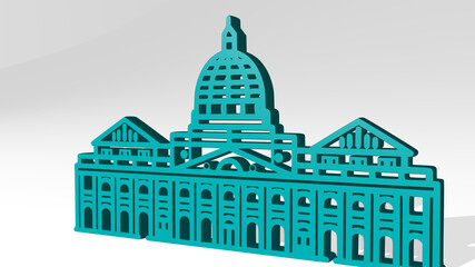 PARLIAMENT BUILDING stand with shadow. 3D illustration of metallic sculpture over a white background with mild texture. architecture and city