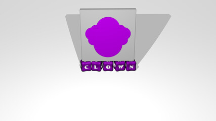 3D representation of clown with icon on the wall and text arranged by metallic cubic letters on a mirror floor for concept meaning and slideshow presentation. illustration and cartoon