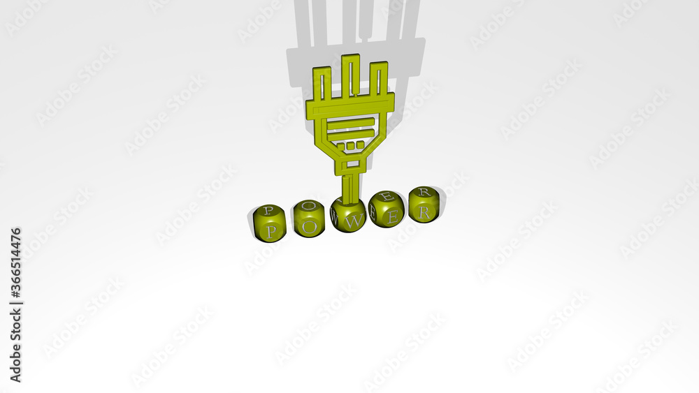 Poster 3d graphical image of power vertically along with text built by metallic cubic letters from the top 