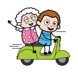 Cartoon Kid Riding Scooter with an old lady