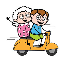 Cartoon Teen Boy Riding Scooter with an old lady