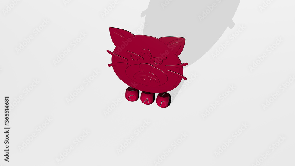 Aufkleber 3d graphical image of cat vertically along with text built by metallic cubic letters from the top pe
