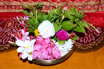 beautiful flowers in pot with rangoon criper, rose and pink oleander flower, decorative background