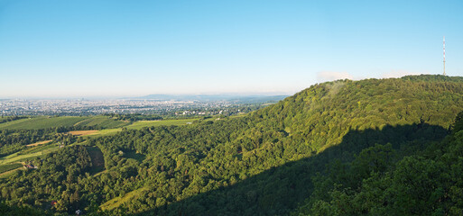 Fototapeta na wymiar Panoramic view from Leopoldsberg over the Kahlenberg hills of Vienna Woods and the city in the morning.