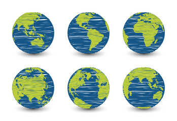 Set of planet earth. Set of earth globe. World maps flat design simple with scribble effect. Isolated premium vector