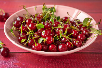 Close up of a plate with red and juicy cherries