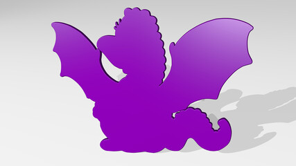 BABY DRAGON made by 3D illustration of a shiny metallic sculpture with the shadow on light background. cute and child