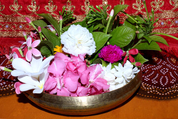 Obraz na płótnie Canvas beautiful flowers in pot with rangoon criper, rose and pink oleander flower, decorative background