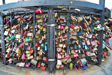 Locks of lovers attached to a fountain on the Kahlenberg in Vienna.