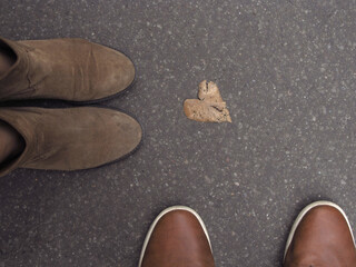 Liść w kształcie serduszka i parą butów zakochanej pary 